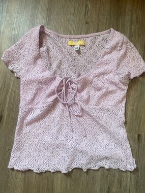 Urban Outfitters Light Pink Lace Tie-Front Short Sleeve Blouse